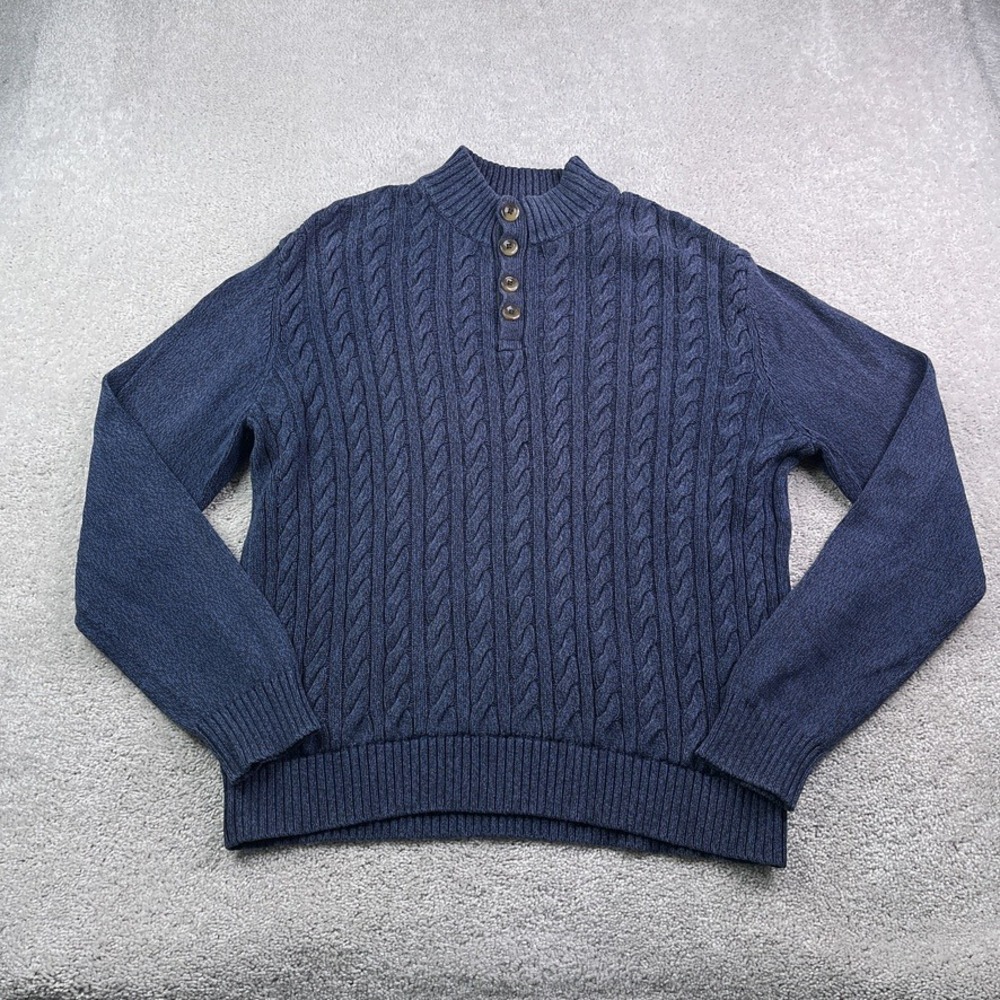 St Johns Bay Sweater Mens XL Blue Henley Cable Knit Mock Neck Button Casual
